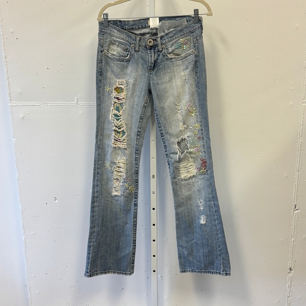 Y2K‎ RARE Department of Peace Distressed Patchwork Sequin Bootcut Jeans Size 6